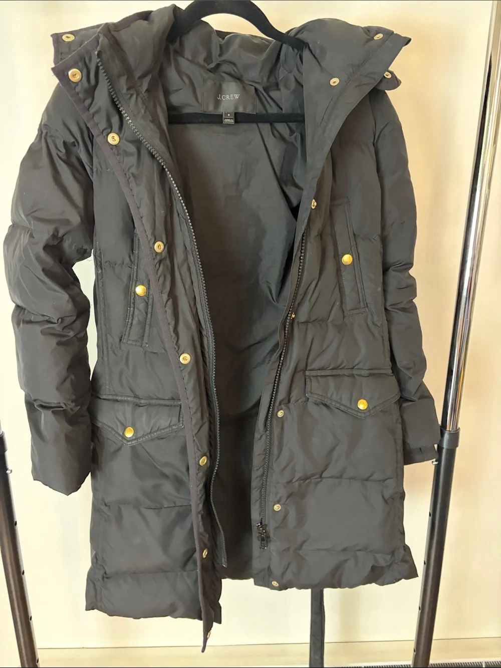 J.Crew Black Quilted Belted Down Puffer Coat Gold-Tone Hardware Detachable Hood